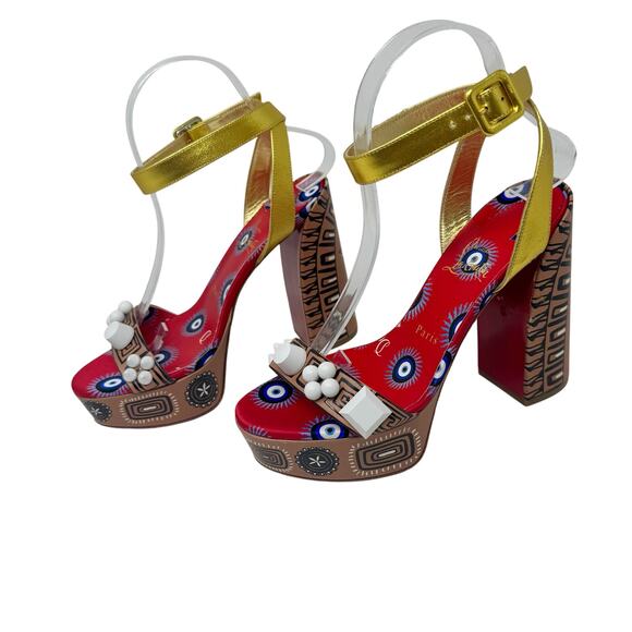 Christian Louboutin Movida Athina Platform Heels Tribal Print Gold Straps 37.5 - Picture 5 of 11